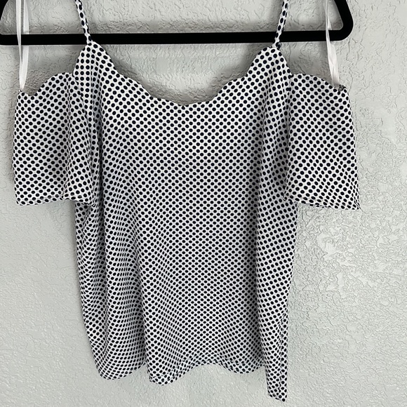 White with Blue polkadot cold shoulder top, size M - Picture 2 of 6